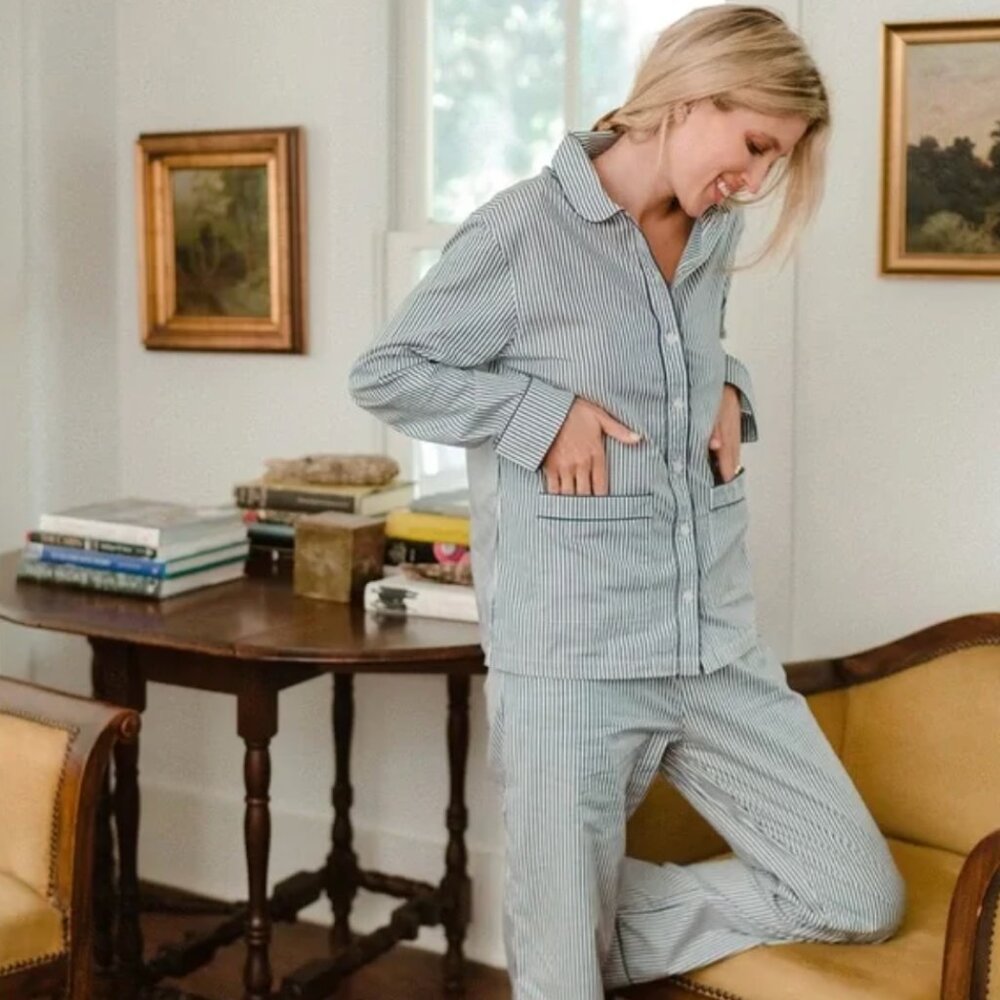 Lake Pajamas Poplin Piped Pants Set in Navy Stripe - S × 1